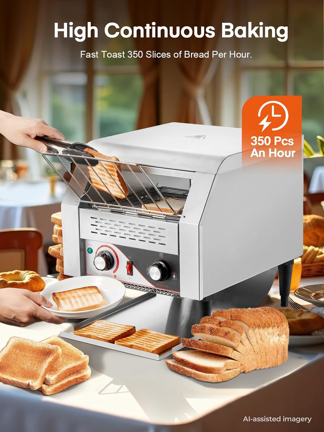 Commercial Conveyor Toaster, 350 Slices/Hour Electric Stainless Heavy Duty Restaurant Toaster, with Dual Heating