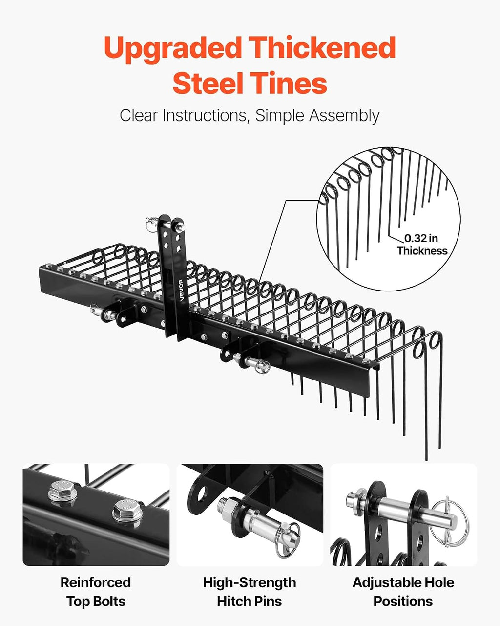 60 in Tow Behind Landscape Rake, 3 Point Hitch Lawn Dethatcher Rake, 26 Spring Steel Tines, for Category 1 Tractors