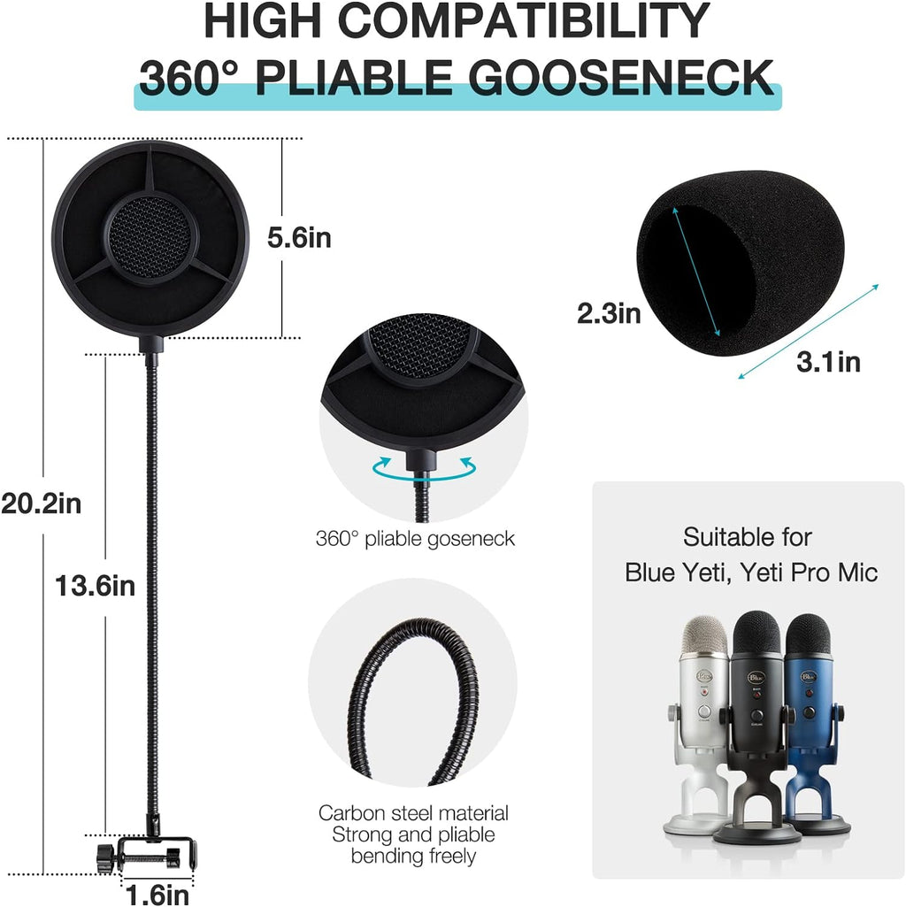 Blue Yeti Pop Filter Foam Windscreen - 5.5 Inch Diam 6 Layers Pop Filter for Mic Cover Yeti Pop Screen Compatible