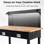 48" Adjustable Work Bench with Drawers, Workbench for Garage with Strip Light, Work Table with Large Pegboard, 2000