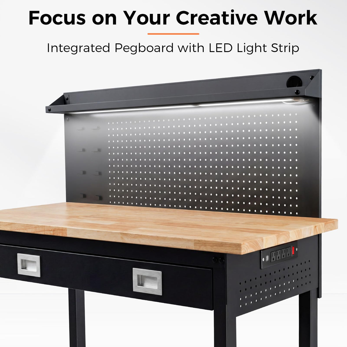 48" Adjustable Work Bench with Drawers, Workbench for Garage with Strip Light, Work Table with Large Pegboard, 2000