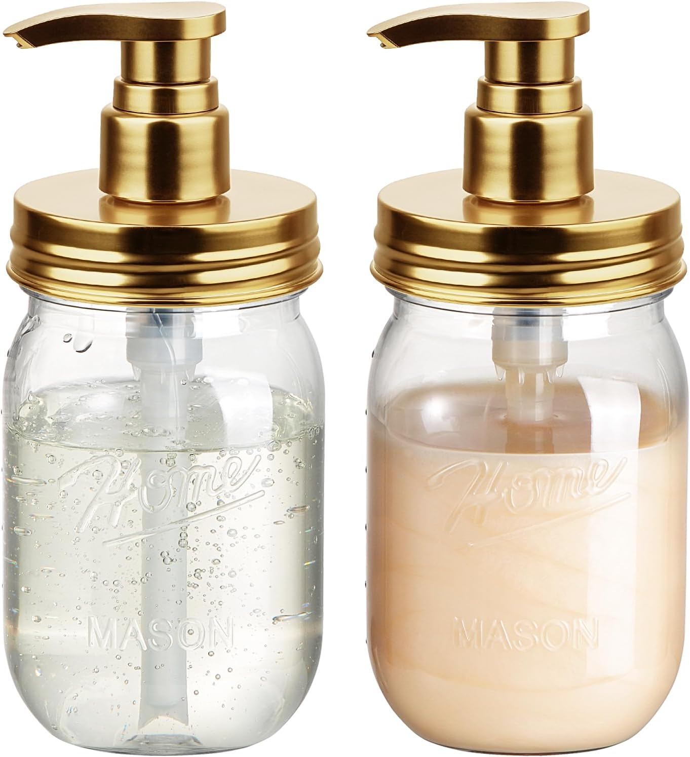 Plastic Mason Jar Soap Dispenser with Pump Lid 16OZ -2 Pack Gold | Refillable BPA-Free Hand Soap Dispenser Set with