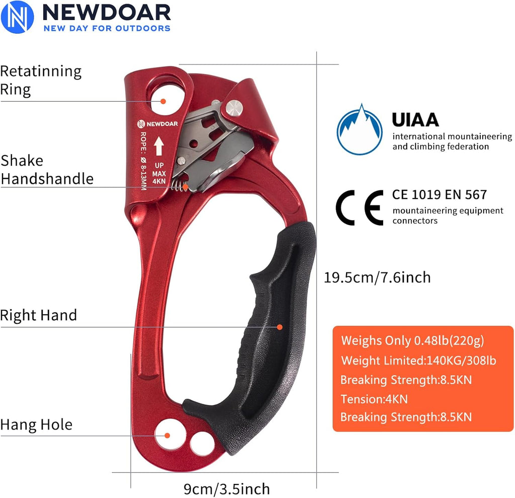 UIAA & CE Certified Hand Ascender Rock Climbing Tree Arborist Rappelling Gear Equipment Rope Clamp for 8~13MM Rope