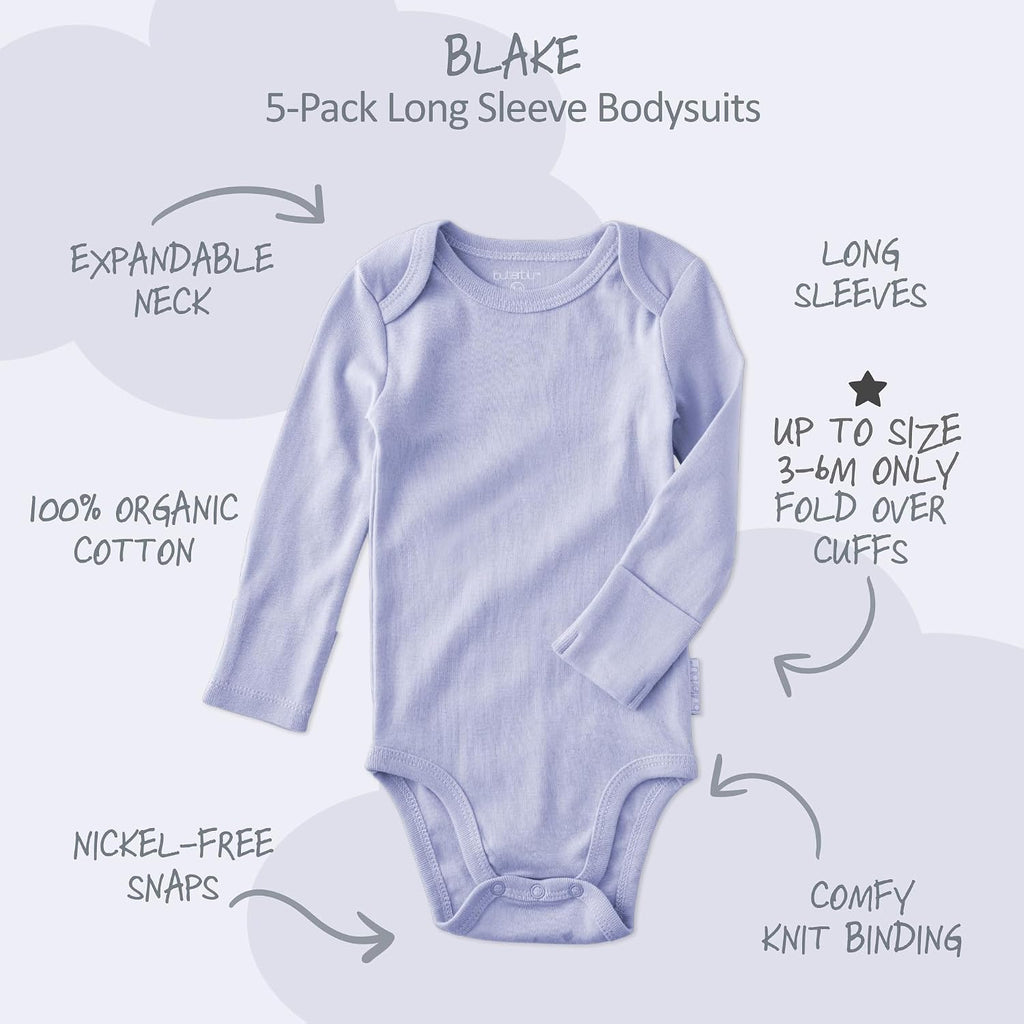 Blake 5-Pack Long Sleeve Bodysuits 100% Organic Cotton, Unisex