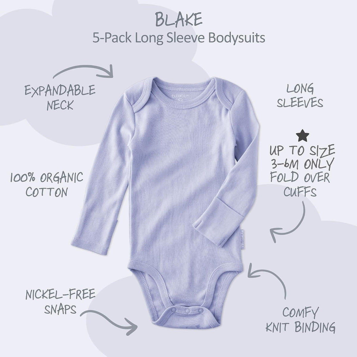 Blake 5-Pack Long Sleeve Bodysuits 100% Organic Cotton, Unisex