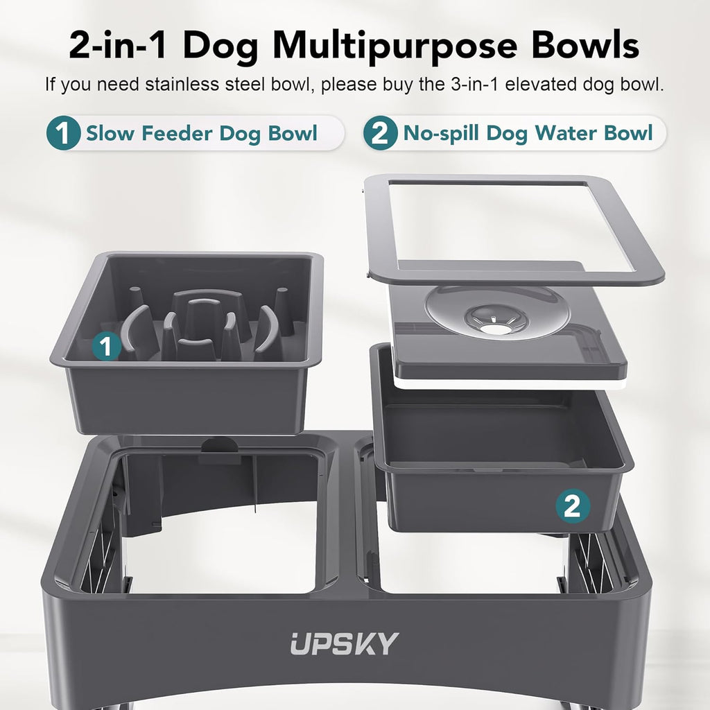 2-in-1 Elevated Dog Bowls Slow Feeder, 4 Height Adjustable Raised Bowl Stand, No Spill Dog Water Bowls, Anti-Slip