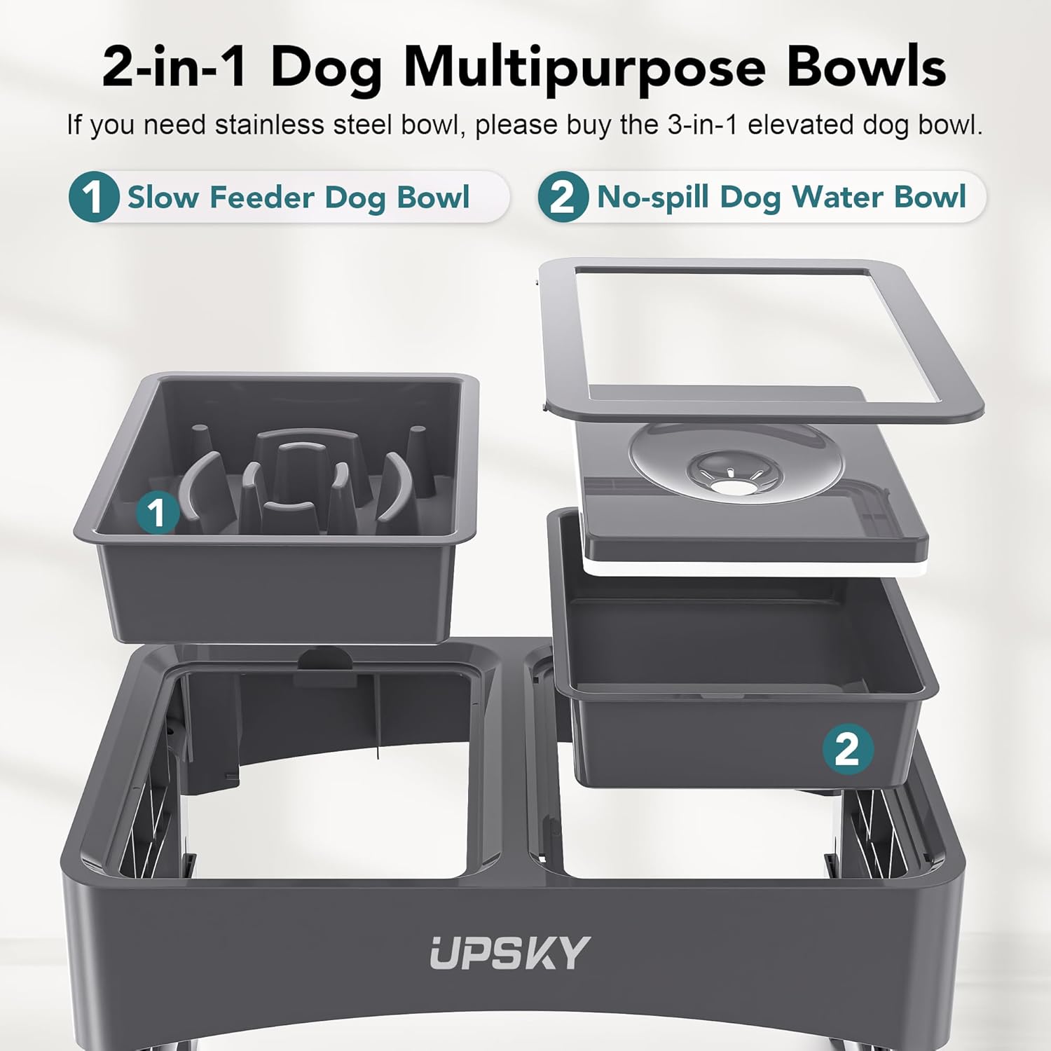 2-in-1 Elevated Dog Bowls Slow Feeder, 4 Height Adjustable Raised Bowl Stand, No Spill Dog Water Bowls, Anti-Slip