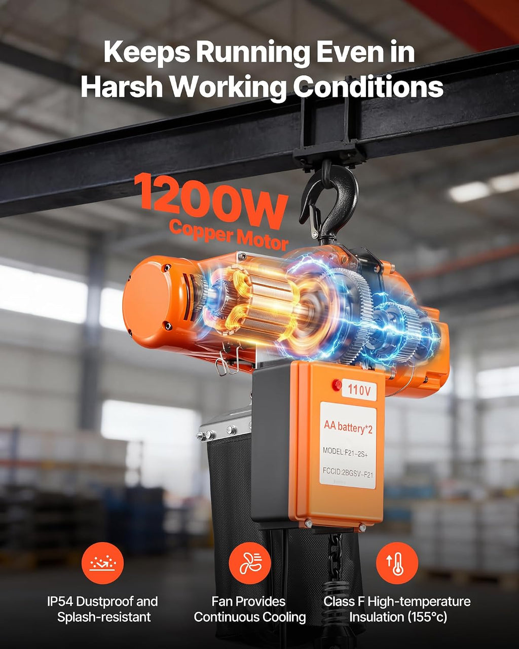 1100 lbs Electric Chain Hoist, 20ft Lifting Height, 120V 60Hz Single Phase Overhead Crane w/ 328ft Wireless & 15ft
