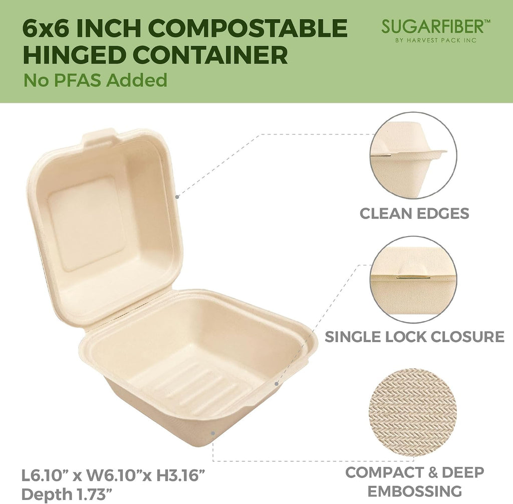 6X6 inch Compostable Nature Square Clamshell Take Out Food Containers togo