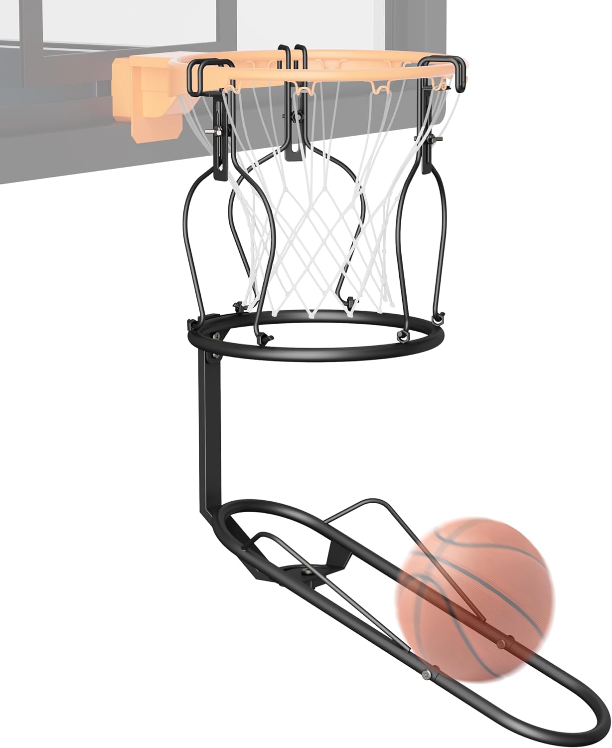 Basketball Return Attachment, 180° Rotatable Basketball Rebounder with 3 Stable Large Hooks for 18" Rim, Basketball