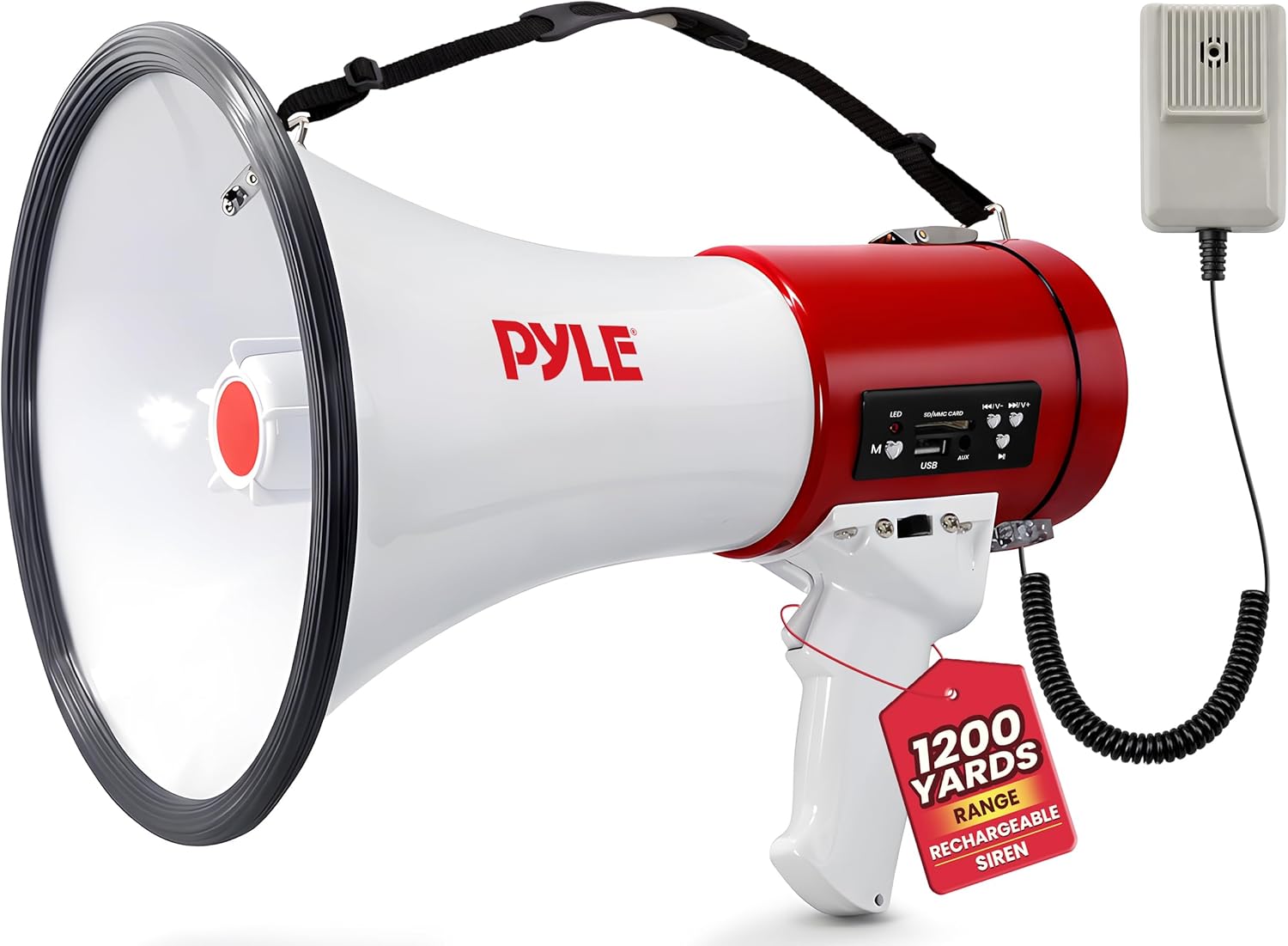 50W Megaphone Bullhorn with Siren & Detachable Microphone - Portable Lightweight Design, Rechargeable Battery, 1600
