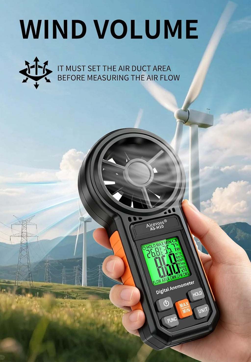 Digital Anemometer Handheld Wind Speed Meter, Measures Wind Speed Wind Flow Temperature and Humidity CFM Air Flow Velocity Meter with Big Backlit Screen