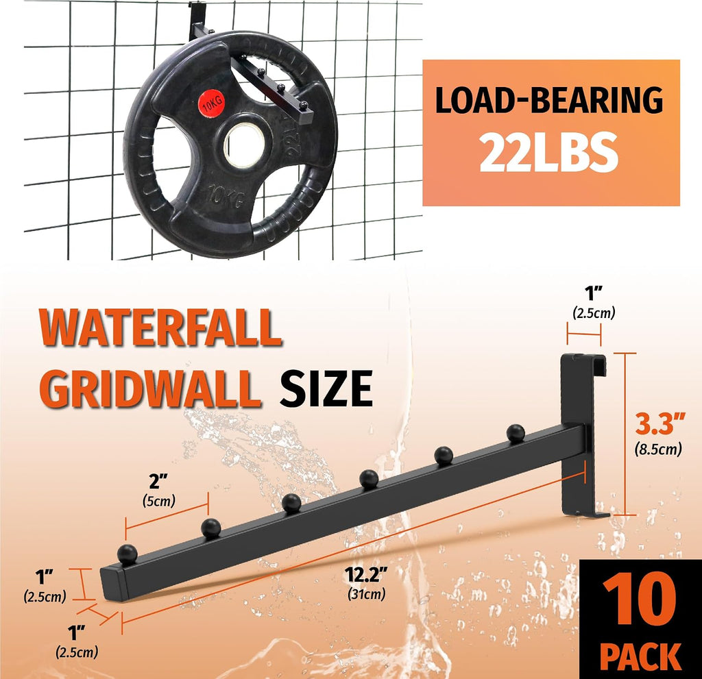 10 Pack 12 Inch Gridwall Waterfall Hooks with 6 Ball Faceouts | 22 lb Capacity Clothing Hangers for 3 x 3 Inch Wire