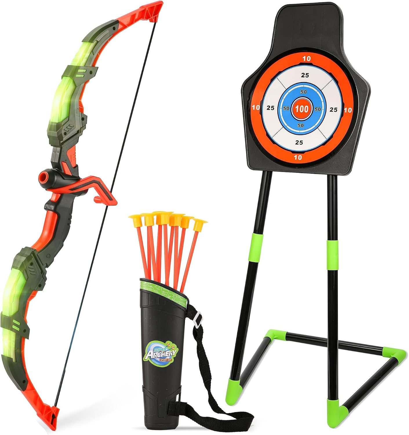 Archery Toy Set for Kids, LED Light Up Bow and Arrow Set with 10 Suction Cup Arrows, Standing Target & Quiver, Indoor
