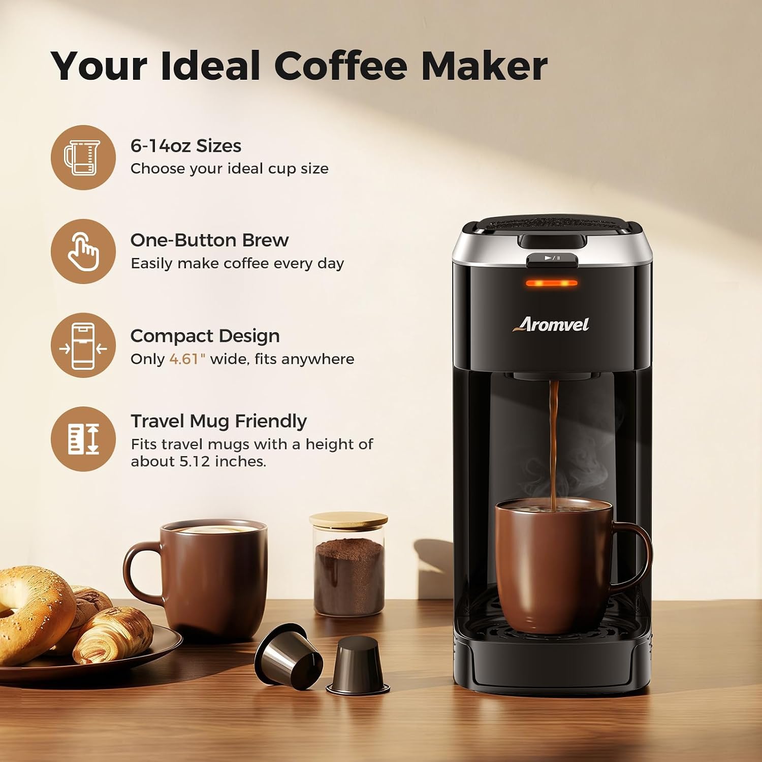 Single Serve Coffee Maker for K Cup Pods, 6-14oz Brew Sizes | One Button Coffee Maker, Fits Travel Mug, Compact for