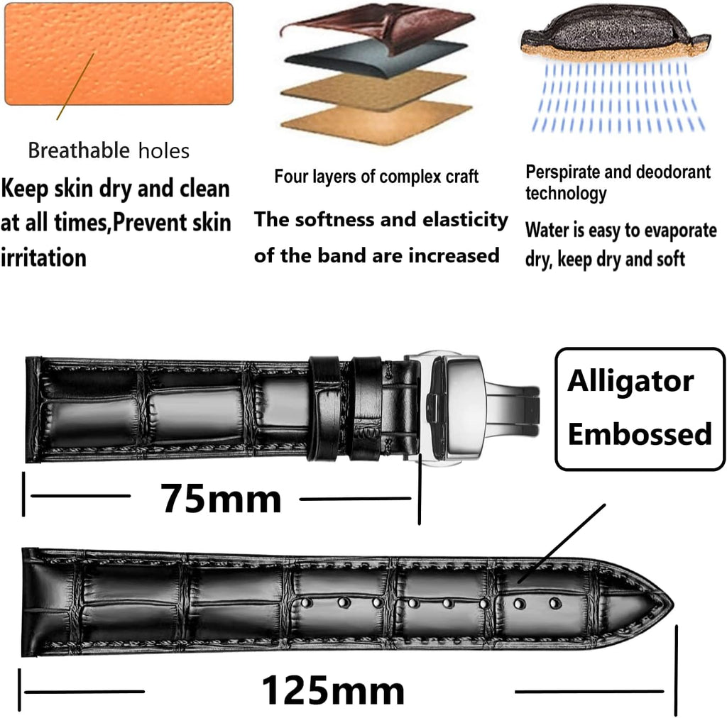 Genuine Leather Band Alligator and Cowhide Replacement Deployment Buckle Watch strap18mm to 24mm Crocodile Leather