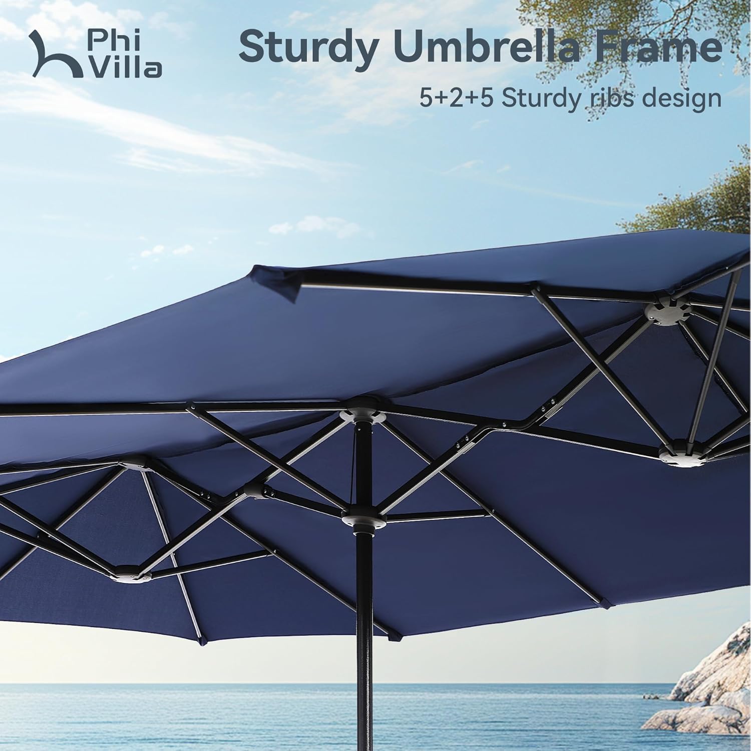 13ft Outdoor Market Umbrella Double-Sided Twin Large Patio Umbrella with Crank, Navy Blue