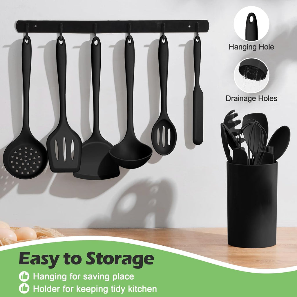 Silicone Cooking Utensil Set, 15pcs Kitchen Utensils with Holder for Nonstick Cookware, Heat Resistant Nontoxic