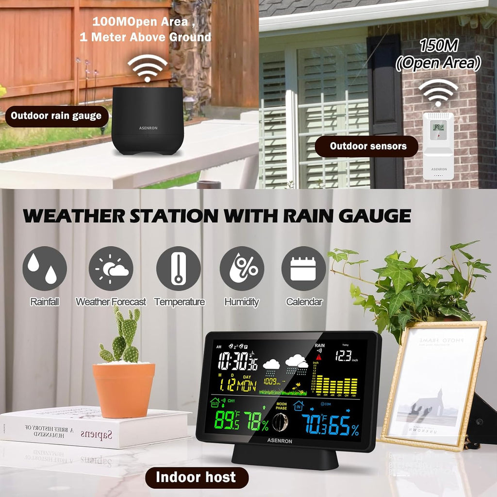 Weather Station with Rain Gauge, Home Weather Stations Wireless Indoor Outdoor with Rain Gauge, Thermometer
