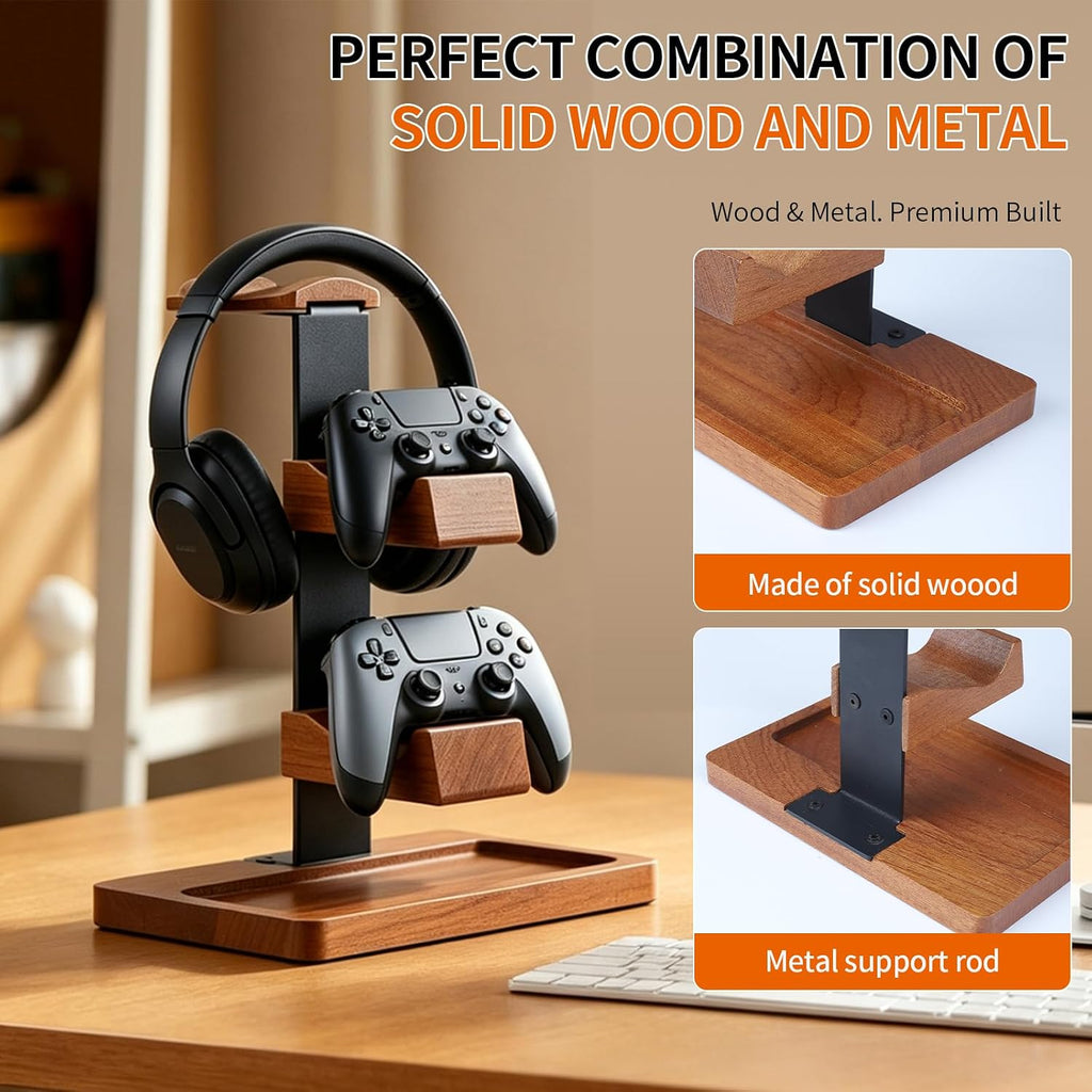 Headset Stand with Gaming Controller Holder, Wood Headphone Stand with Storage Base, Gaming Equipment Accessories for