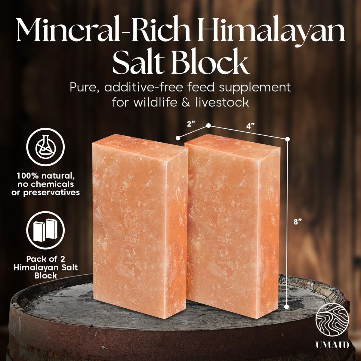 Himalayan Salt Block – 8x4x2 2-Pack – 100% Natural Mineral Salt Lick for Horses, Cows, Goats & Sheep – Animal Feed