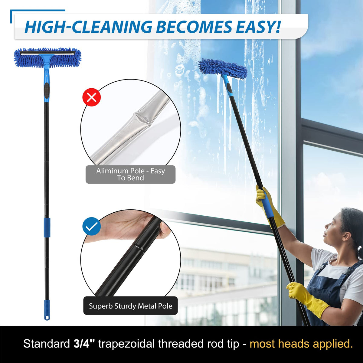 Professional 69'' Window Squeegee Cleaner Tool with Extension Pole, 2-in-1 Squeegee for Window Cleaning Kit with