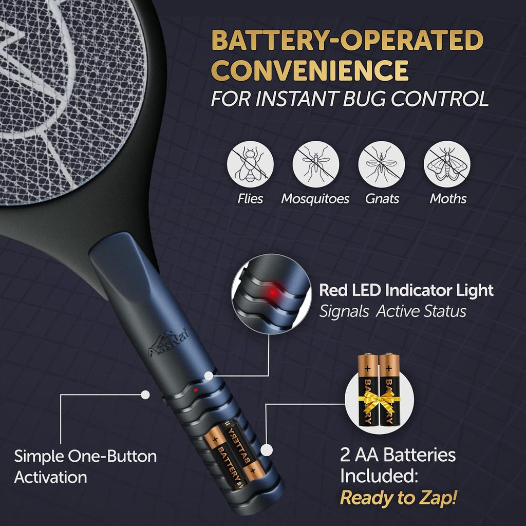 Bug Zapper Racket, Electric Fly Swatter for Mosquitoes, Flies, and Flying Insects, 18 Inch Handheld Battery Powered
