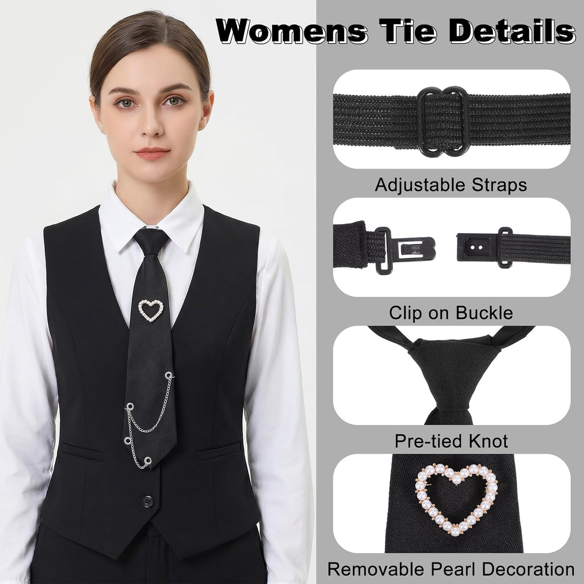 Black Tie for Women, Pre-Tied Ties | Metal Chain Necktie for Women, Adjustable Ties for Uniform, School, Shirt Accessory