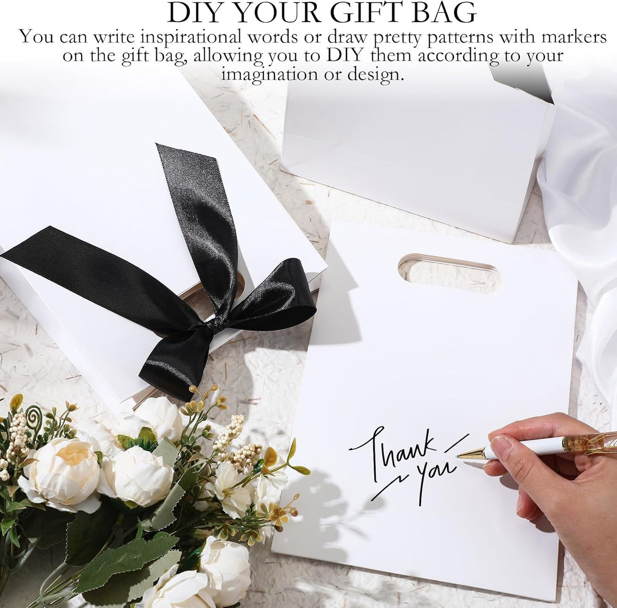 12 Pcs Bridesmaid Gift Bags with Handle Ribbon, White, Black