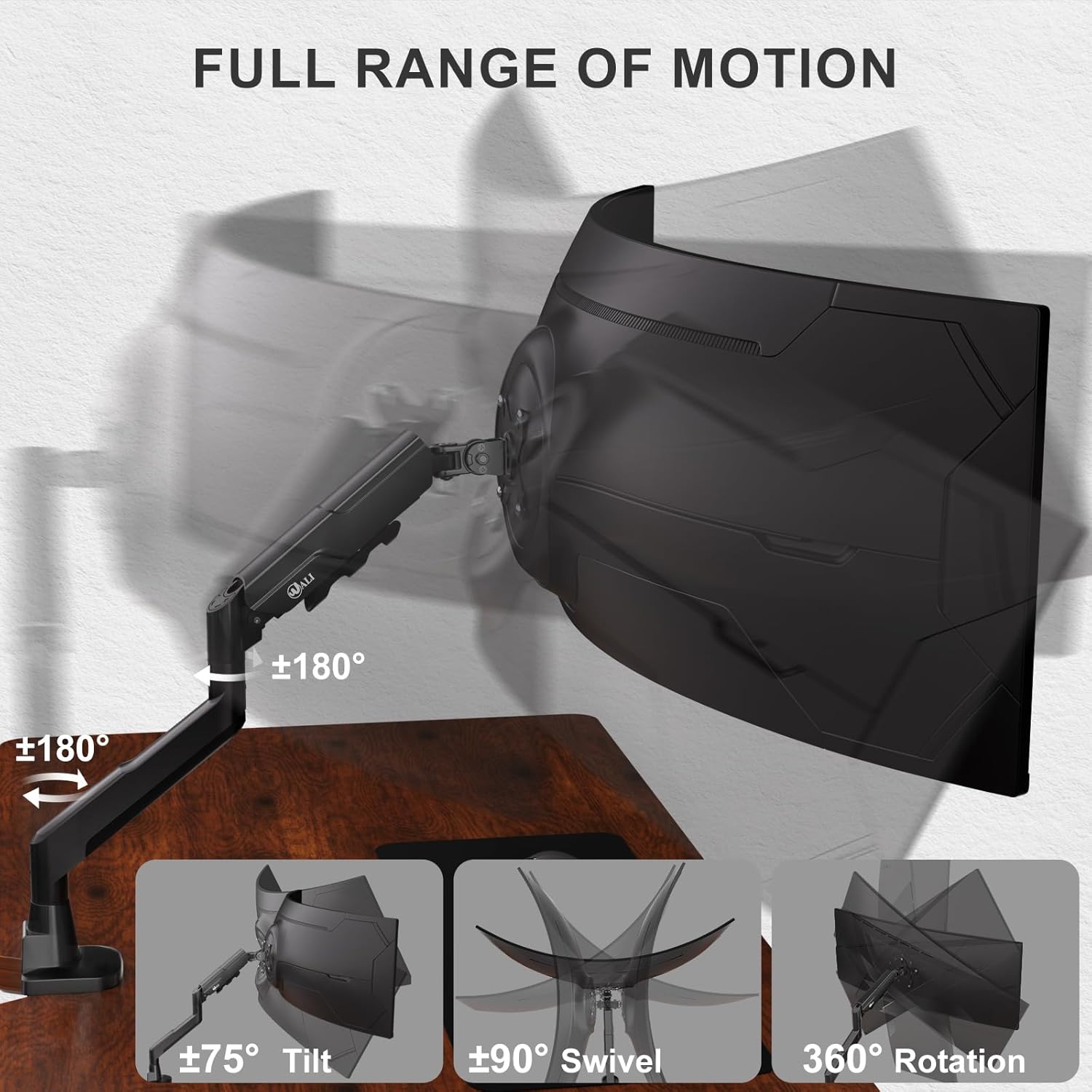 Heavy Duty Single Monitor Arm for 17-49 Inch Flat Curved Ultrawide Screens, up to 33 Lbs, Adjustable Single Monitor