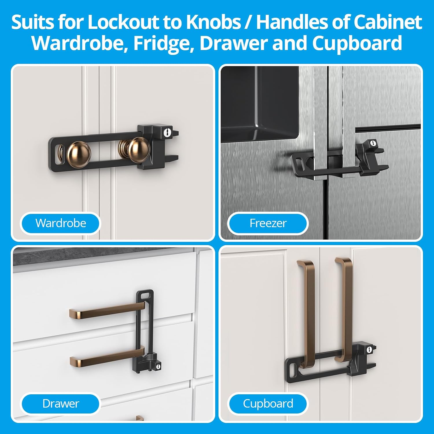 Keyed Cabinet Lock, 2 Locks 4 Keys, Key Alike, Childproof Drawer Latch | Metal lock to lockout double knobs and