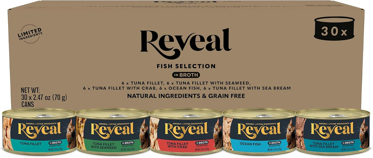 Fish Variety in Broth Wet Cat Food, 5-Flavor 30-Pack 2.47 oz Cans