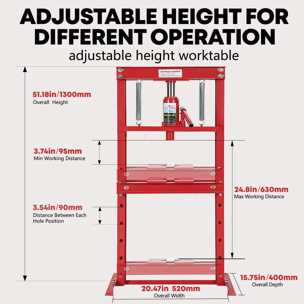 Garvee 12 Ton Hydraulic h-Frame Press with Adjustable Worktable & Plates