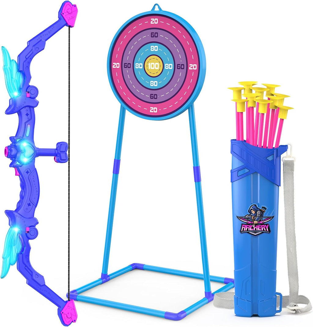 Kids Bow and Arrow Toy, Angel Light Up Archery Set W/ 10 Suction Cup Arrows, Targets & Quiver, Outdoor/Indoor Games