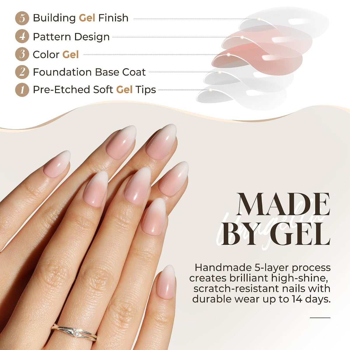 Press On Nails Short Almond: Ombre Soft Gel Press Ons Kit with Nail Tips Glue on Nails, 16 Sizes - 32 Reusable Fake
