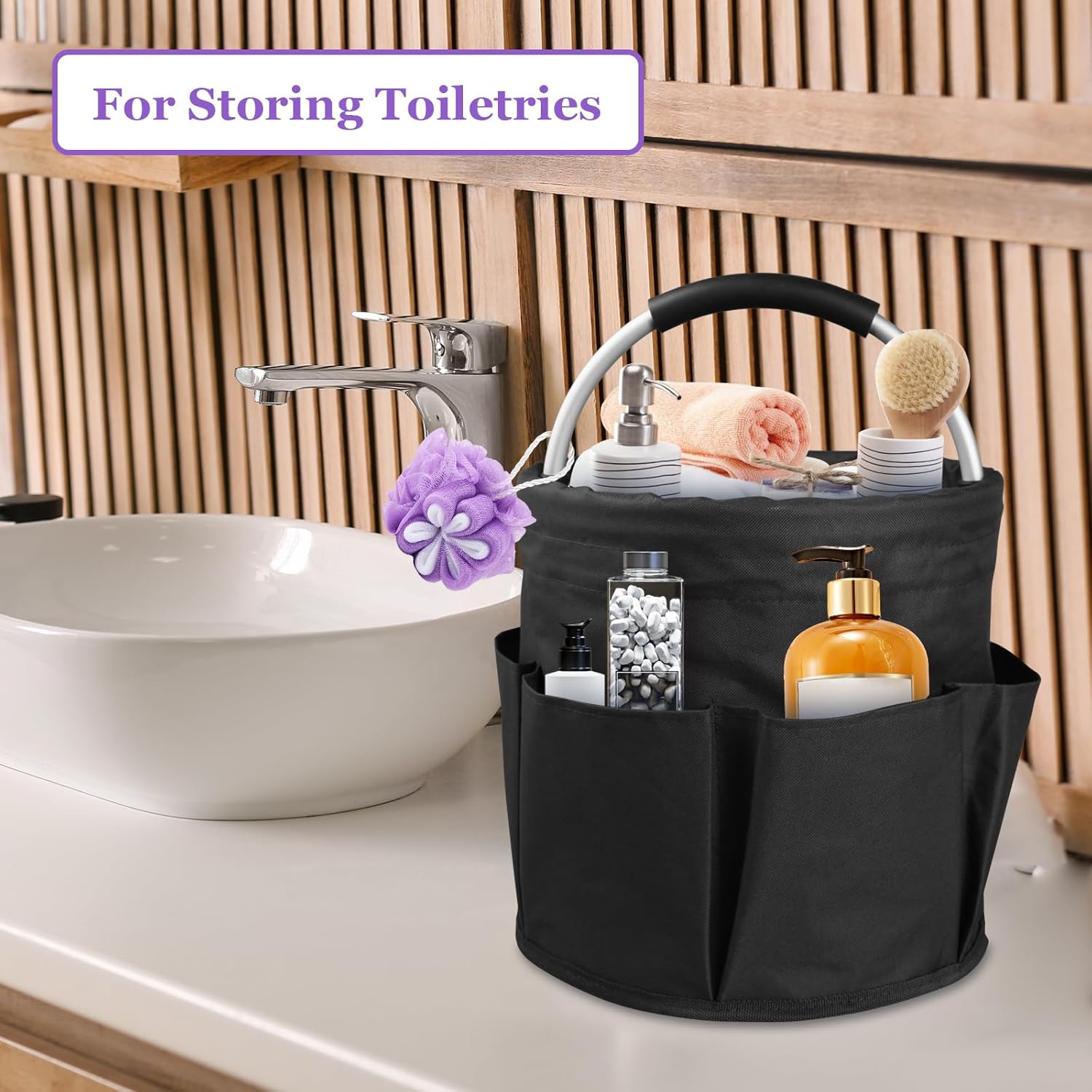 17L Cleaning Caddy with Handle and 6 Pockets, Foldable Cleaning Supply Caddy, Portable Shower Caddy in 600D Oxford