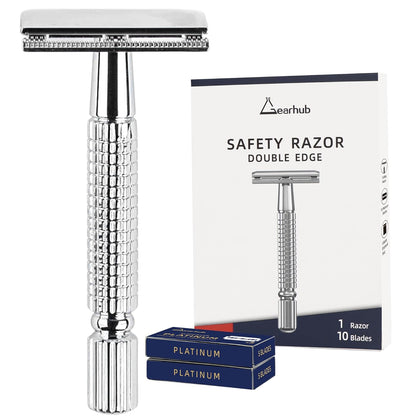 Double Edge Safety Razor Reusable Stainless Metal Wet Shaving Razor with 10 Swedish Platinum Blades for Men Women
