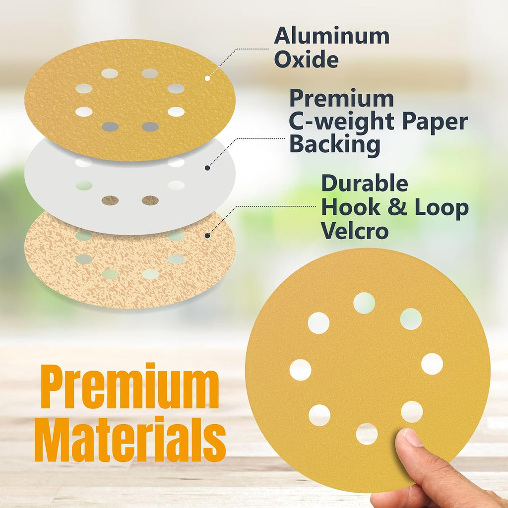 5 Inch 8 Hole Sanding Discs - 80/100/120/150/220 Grits Sandpaper (10 Each, 50-Pack), Assorted 5" Hook and Loop