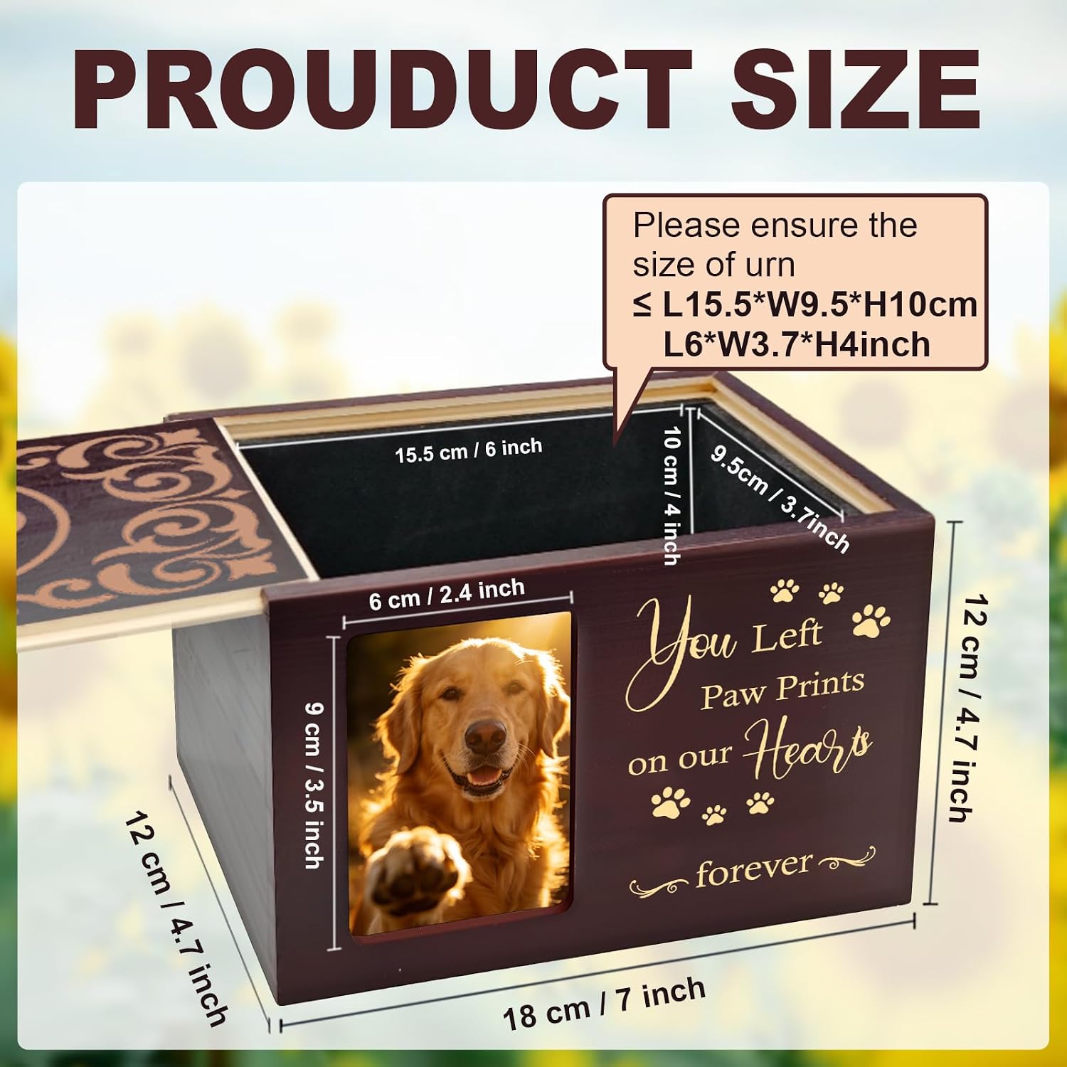 Pet Urns for Dog or Cat Ashes, Wooden Dog Urn for Ashes Memorial Keepsake Box with Photo Frame, Large Pet Cremation