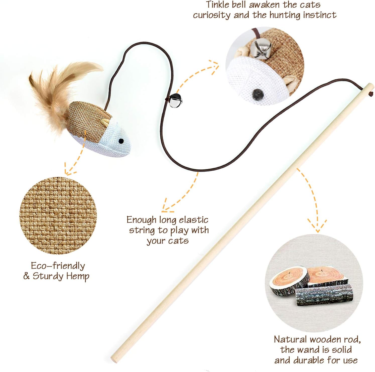 3-Piece Natural Wooden Cat Teaser Wand Toy Kit with 5 Silvervine Sticks and Elastic String Cat Pole Toy with Bell and