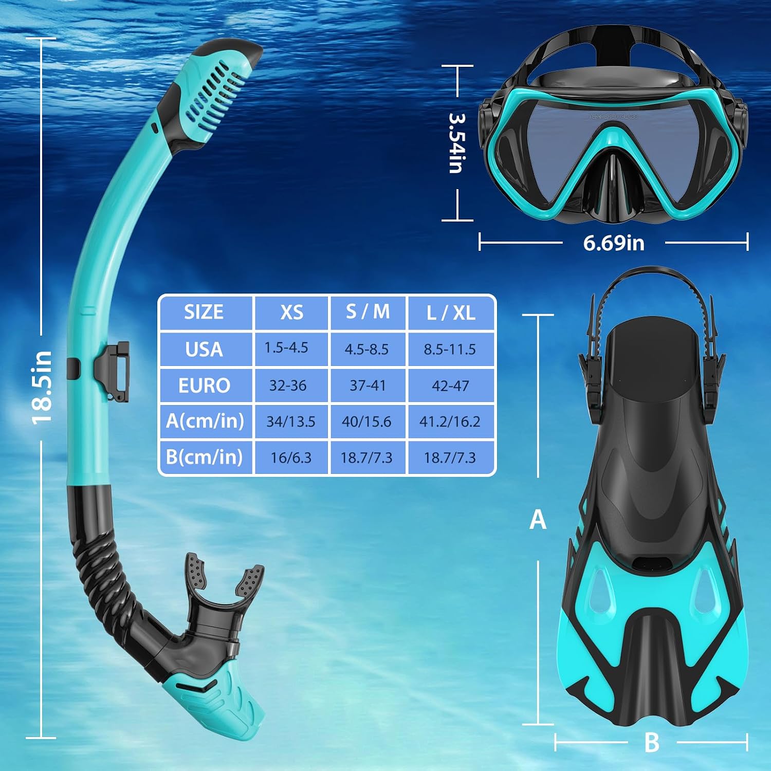 Snorkeling Gear Set for Adults – Dry Top Snorkel Set, Panoramic Anti-Fog Mask, Adjustable Swim Fins – Travel Diving