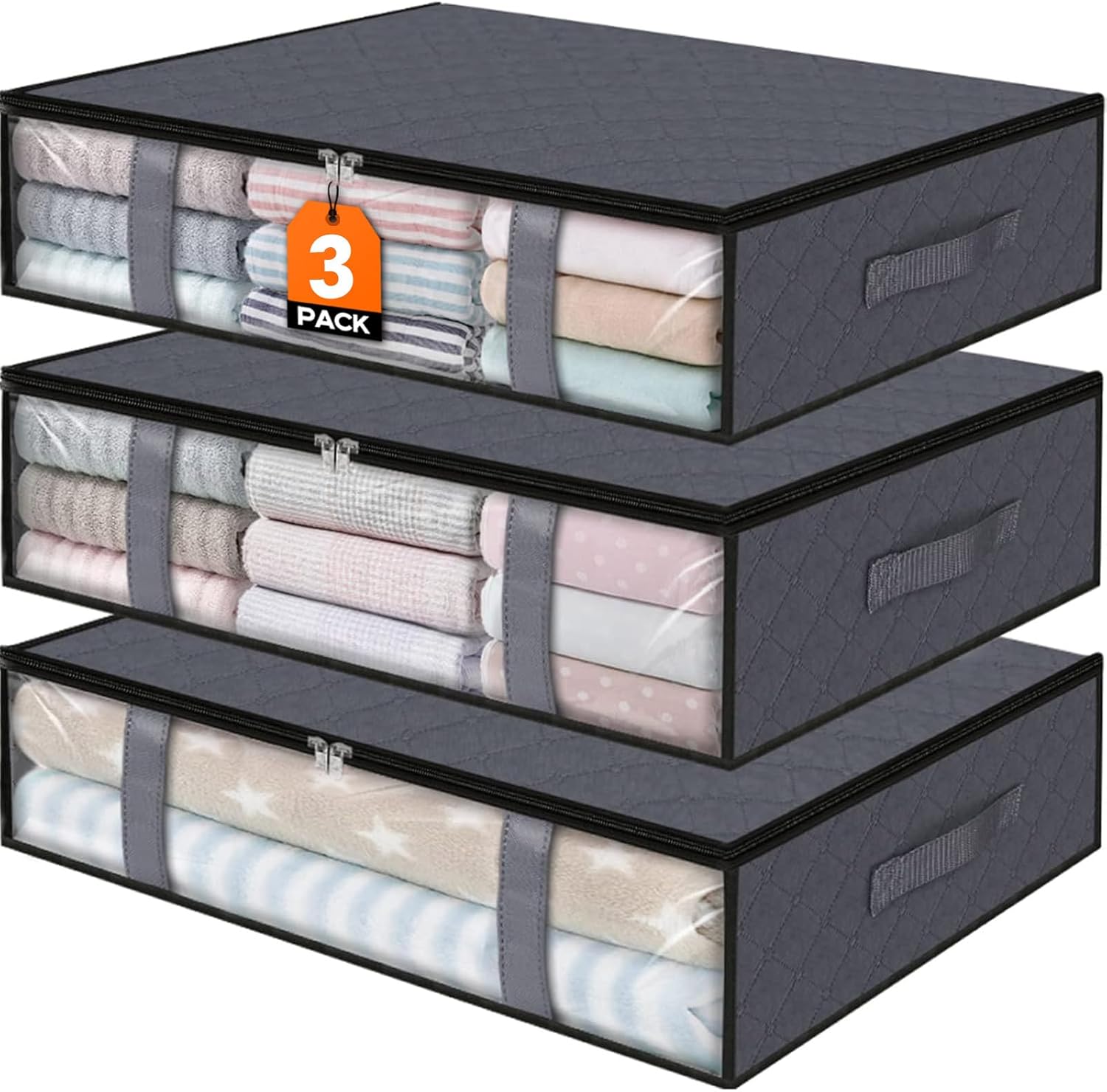 Under Bed Storage Bags 3 Pack, 40L Large Clothes & Comforter Storage Containers with Clear Window, Breathable Fabric