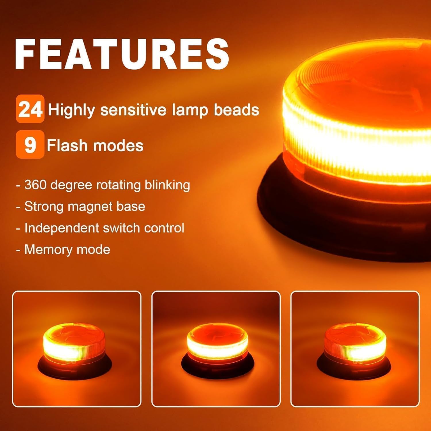 Amber Magnetic Strobe Beacon Light for Trucks & Golf Carts, Rechargeable | Emergency Amber Beacon, Cordless, IP68