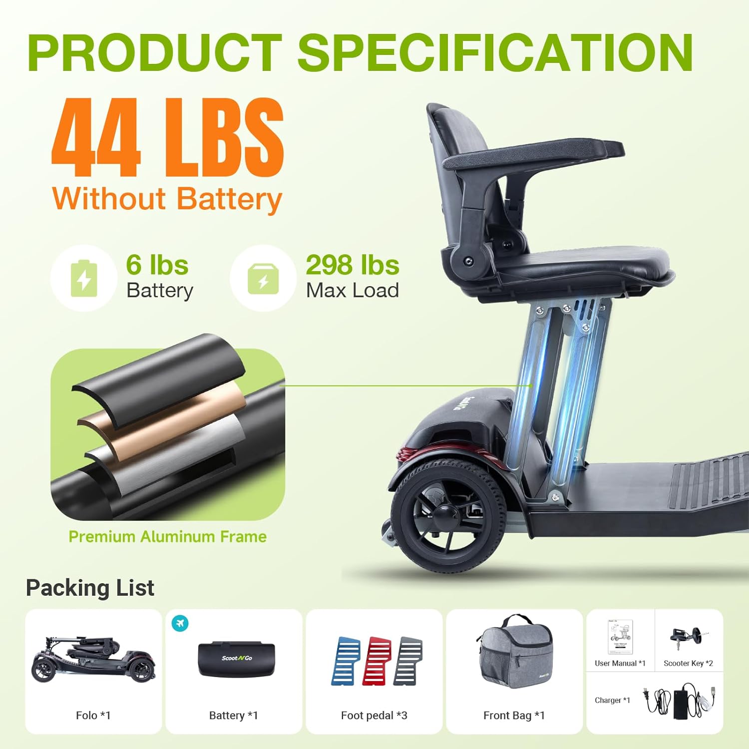 Folding Mobility Scooter for Seniors & Adults, Portable, 44Lbs