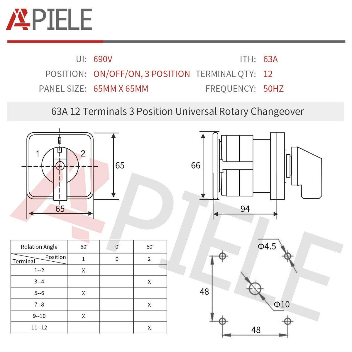 APIELE Changeover Selector Switch 3 Position 440V Universal Rotary Cam Selector (63A 12 Terminal)
