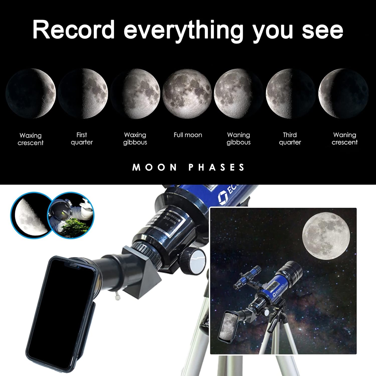 Telescope for Kids & Adults, 70mm Aperture 360mm Refractor (15X-150X) | Portable Telescope with Adapter, 2 Eyepieces