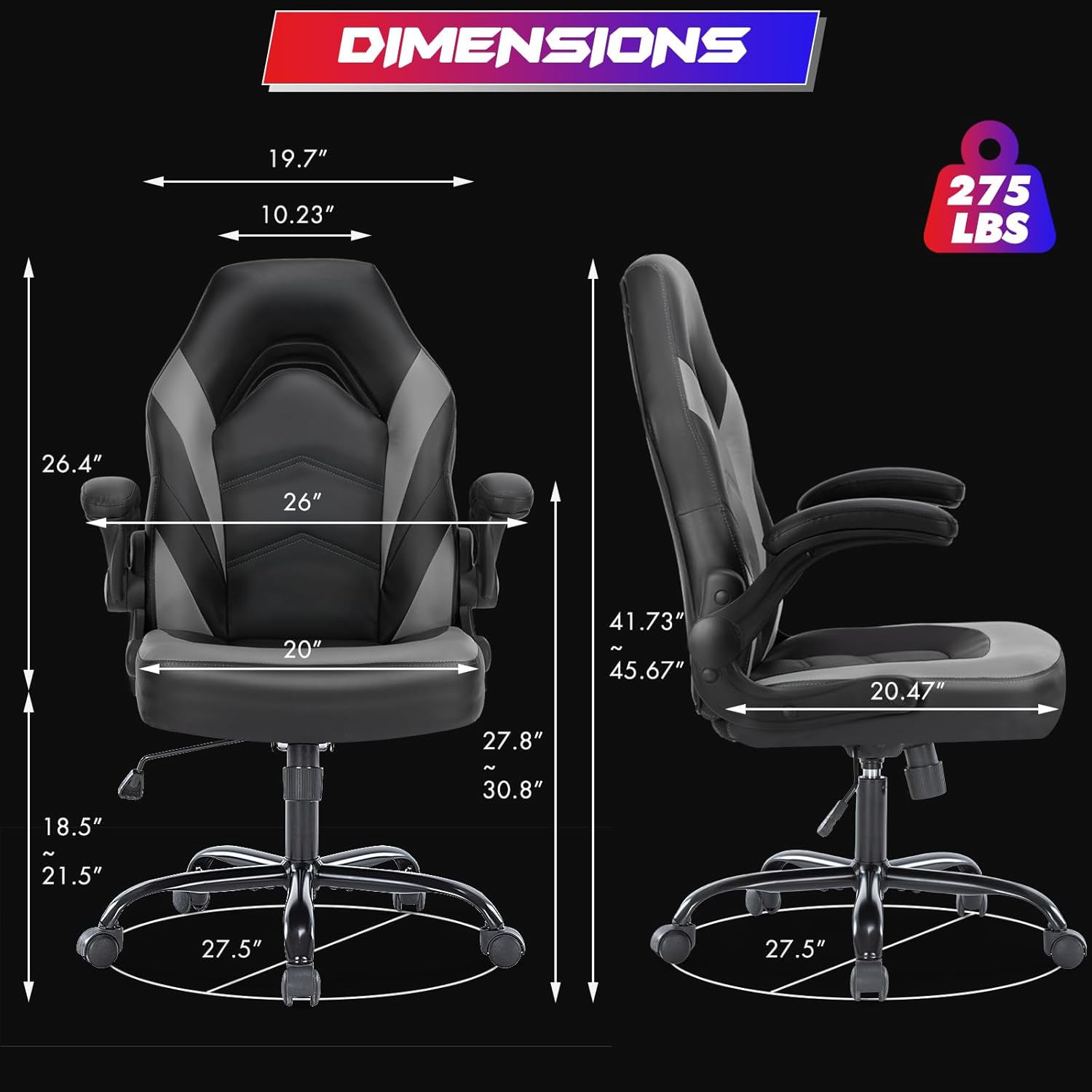 Computer Gaming Desk Chair - Ergonomic PU Leather with Comfy Lumbar Support, Height Adjustable Rolling Desk with