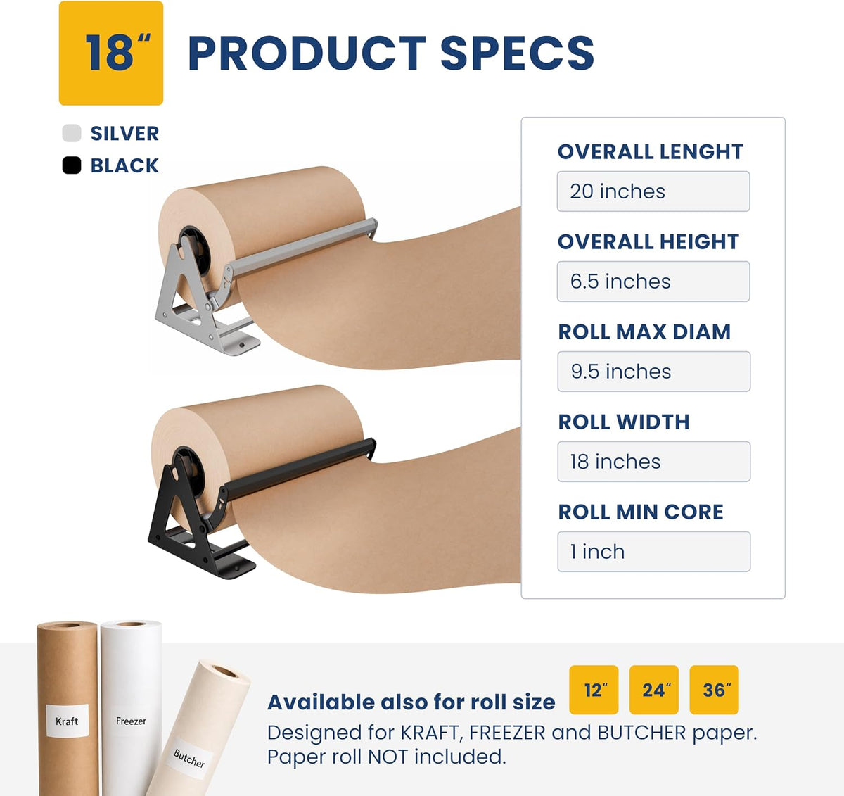 18 Inch Paper Roll Dispenser and Cutter - Heavy-Duty Wall Mountable, Non Slip Tabletop - Kraft, Freezer, Butcher