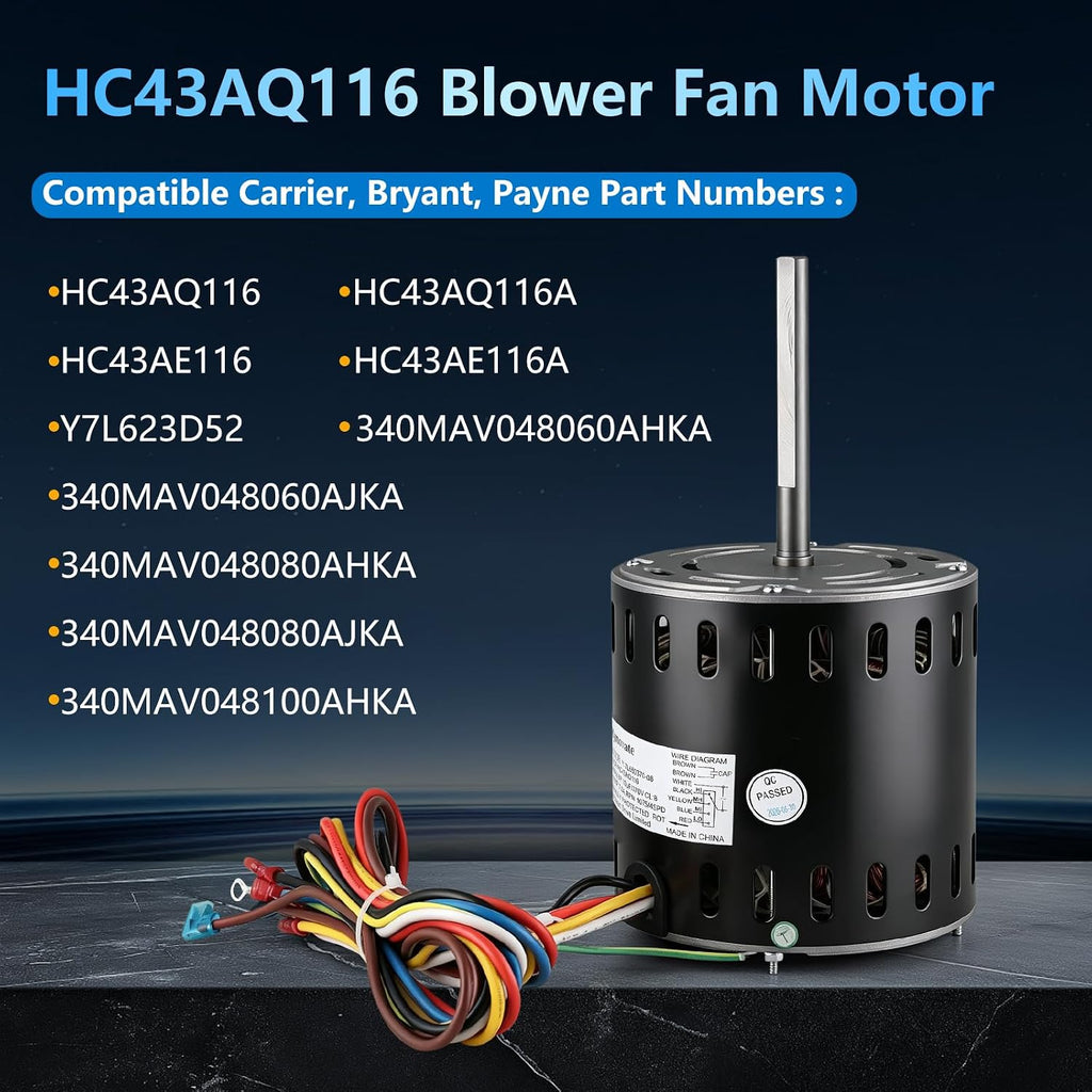 HC43AQ116 Furnace Blower Fan Motor 1/2 HP 115V 1075RPM 4-Speed