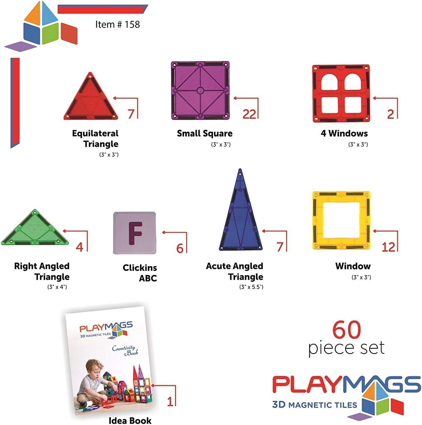 Magnetic Tiles for Kids, 60 Pc Magnet Blocks with ABC Click-ins, STEM Development Building Toys for Boys Girls &